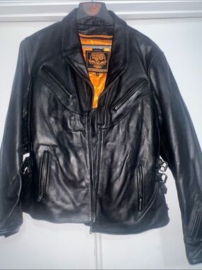 Women's Black Leather Motorcycle Bomber Jacket with Orange Lining